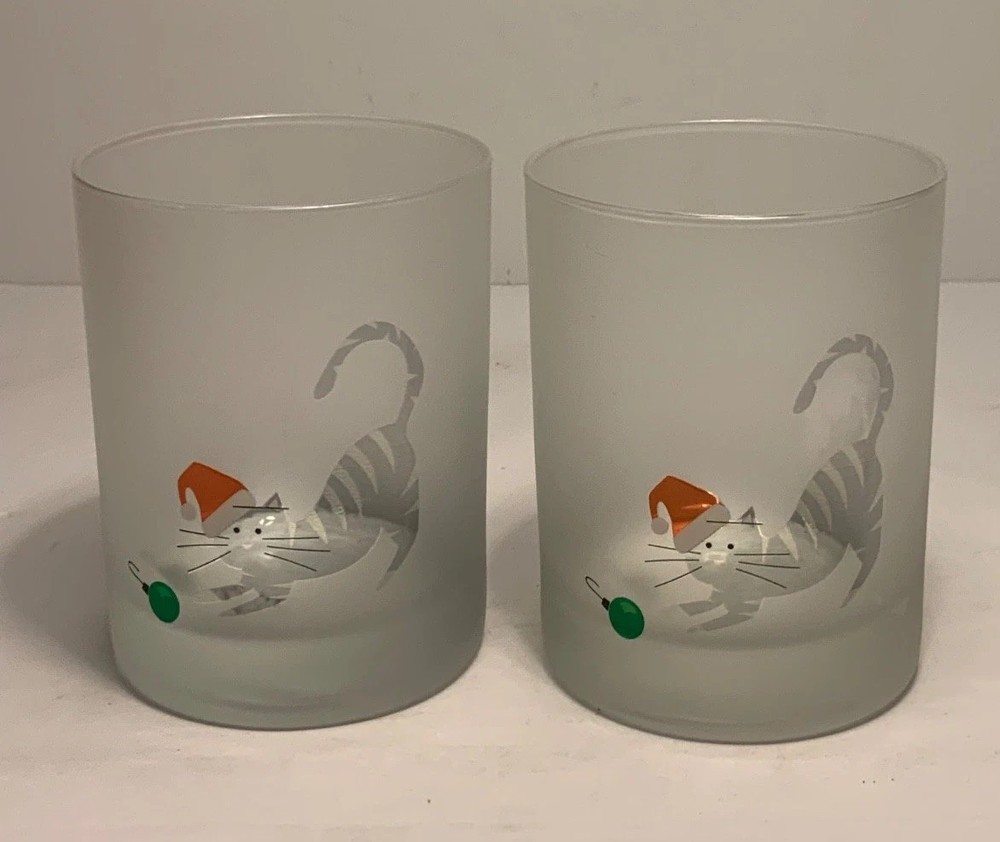 Set of 2 Vintage Culver Frosted Glass Christmas Cat Lowball Glasses 4.25 in.