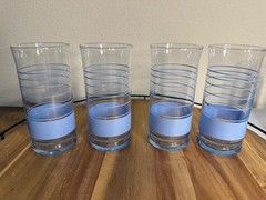 mid century Set of 4 Libbey Blue and Clear Striped Glasses 12 oz. Tumblers