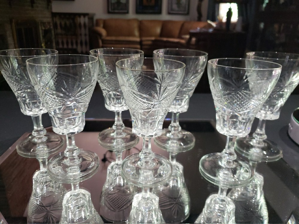 (7) WATER glasses Goblets Crystal, antique cut diamond crosshatch & fans