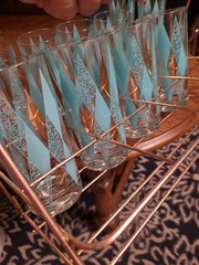 Vintage Hazel Atlas Teal Diamond Harlequin Glasses Set of 8 Caddy Plus 2 Spares