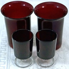 4 Pieces of Ruby Red Glass 2 Juice Tumblers 2 Footed Cordials