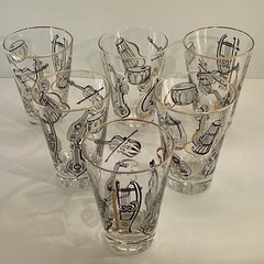 Six Libby glasses musical instruments black/white gold rim MCM retro Barware