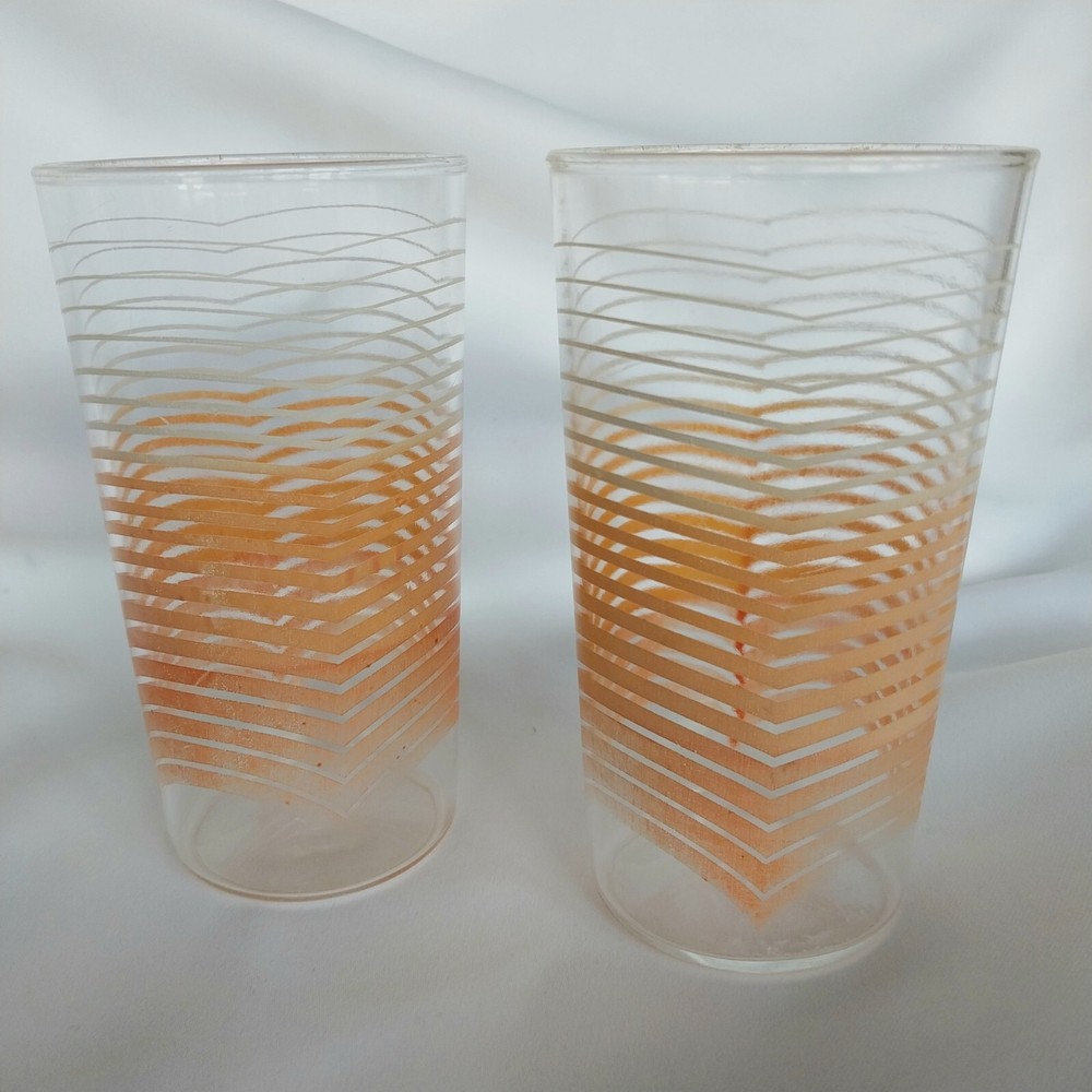 2 VTG Anchor Hocking Tumblers 12oz Glasses Orange Stripe MCM 1970s
