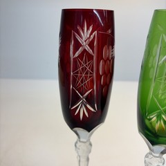 Vintage Ajka Cut to Clear 24% Lead Crystal Champagne Flutes Ruby Red Green Pair