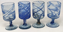 Vintage Mexican? Hand Blown Art Glass Blue Swirl Wine Water Goblets 4 Lot A24