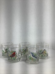 5~Vtg West Virginia Glass Co Songbirds Small Rocks Glasses Gold Trim