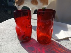 Pair MCM Blenko Art Glass Tumblers Ruby Red Dimpled – One Is Amberina Crackle 6″