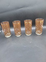 4 MCM Georges Briard Brown Gold Plaid Highball Cocktail Tumbler Glasses Signed