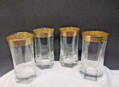 Four Lorren Venezia Gold Banded Tumbler Six Sided Base Multi-sided 5 5/8″X2″3/4