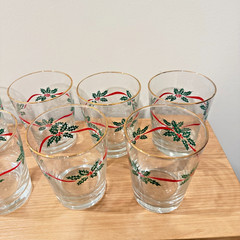 Vintage Holiday Libbey Holly and Ribbons Christmas Highball Drinking Glasses