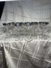 12 VTG Tiffin Franciscan Minton Optic Liquor/Cordial Silver Rim 5.25″T/2.75″DIA
