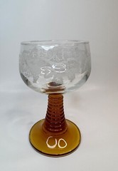 French Vintage Brown Stem Wine Glass Etched With Grapevine