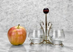 Mid-Century Gold Bar Serving Caddy w/ 3 Whiskey Glasses