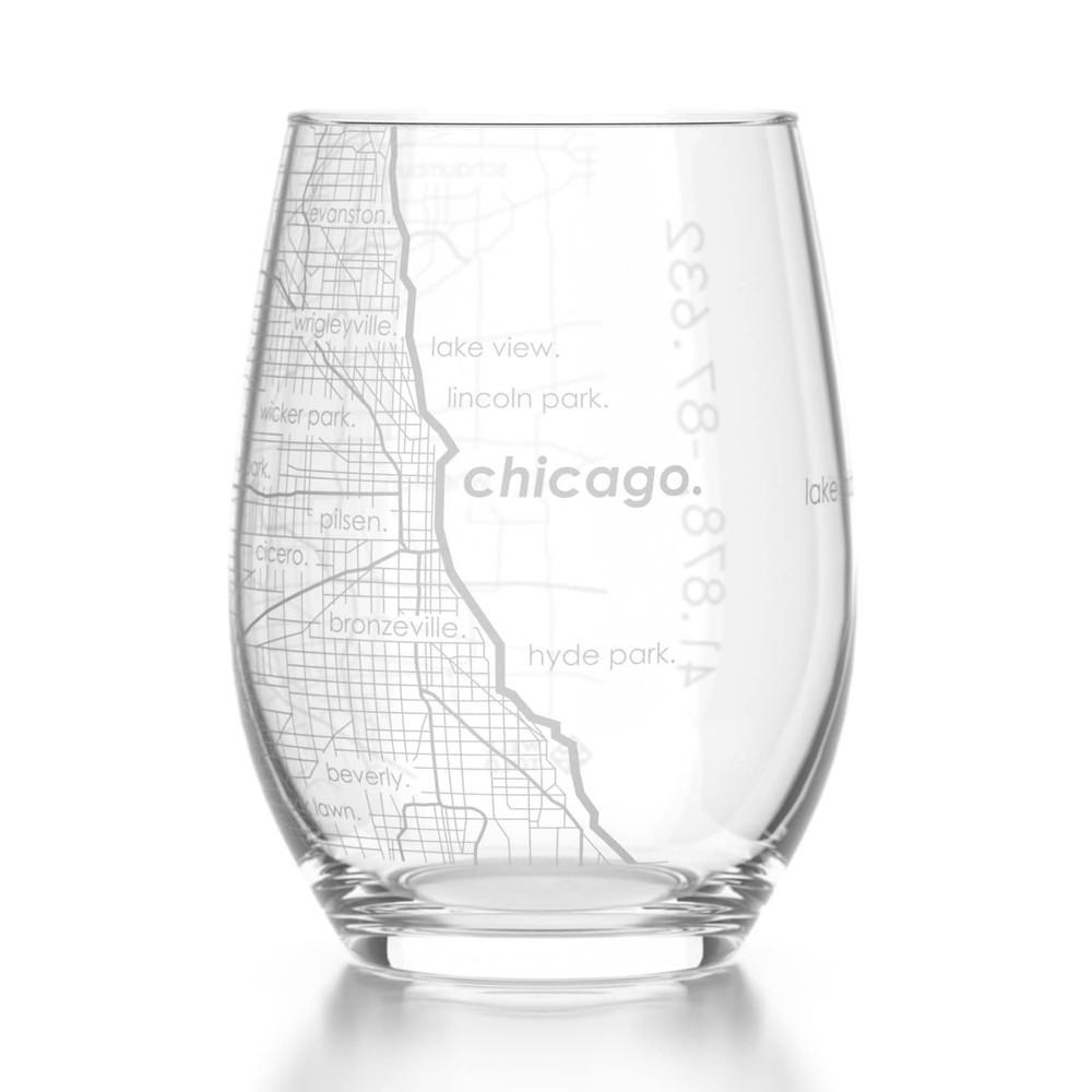 Engraved Chicago Illinois Map Stemless Wine Glass Etched Glassware (15 oz Clear)