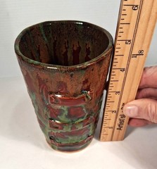 Drip Glazed Pottery Tumbler 5″ Hand Thrown Signed SG 12 Oz Shamrock Mark