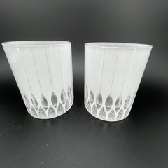 MCM Frosted White Lowball Glasses Clear Cathedral Arch Base Pinstripe Set of 2