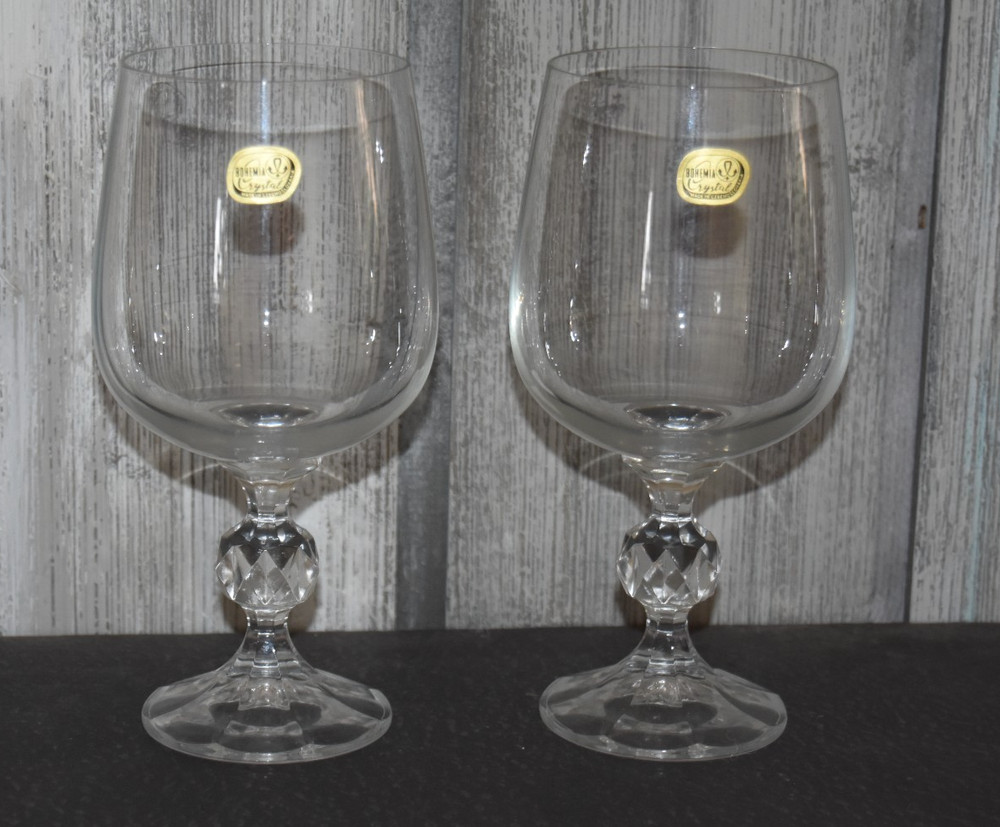 NEW VTG Bohemia Crystal Claudia Water Goblet, Wine Glass Faceted Ball Stem 6.5”