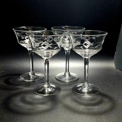 4 Deco Rose Champagne Coupe 5.5″ glasses etched cocktail romantic elegance