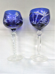 Bohemian Czech Vintage Cobalt Blue Cut to Clear Crystal 7.75″ Goblet Wine Water