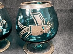 VTG SET 2 BOHEMIAN SILVER OVERLAY SMOKY GREEN BRANDY COGNAC SNIFTERS BIRD WOLF