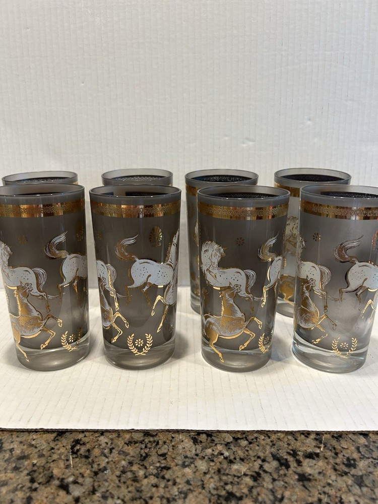 8 Vintage MCM Culver Ming Smokey Stallion Horse Gold 5.5″ HIGHBALL GLASSES