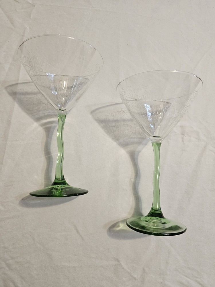 2 Vintage Libbey Courbe Martini Glasses W Twisted Green Stem 7.5 Inches Tall