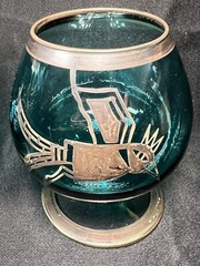 VTG SET 2 BOHEMIAN SILVER OVERLAY SMOKY GREEN BRANDY COGNAC SNIFTERS BIRD WOLF