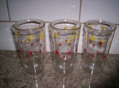 3 VTG MCM Atomic Anchor Hocking Starburst Yellow Red White Glass Tumbler 7.5”