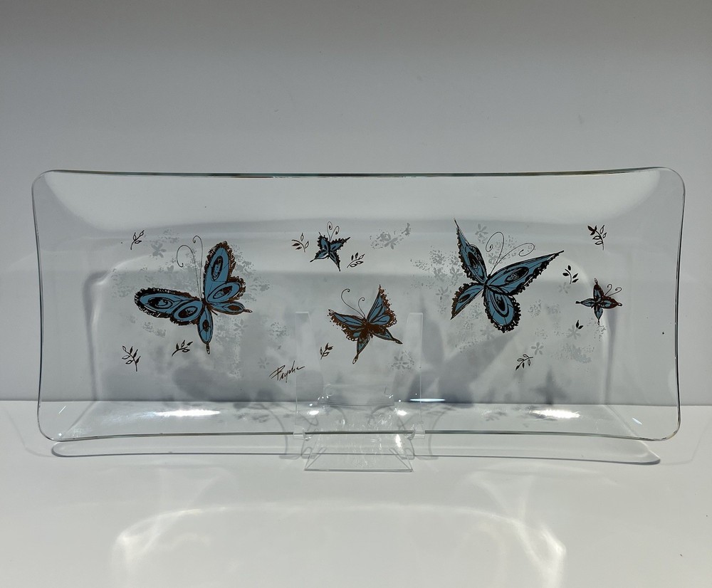 VTG Psyche MCM Turquoise Gold Butterfly Glass Serving Tray Rectangular 13.5″