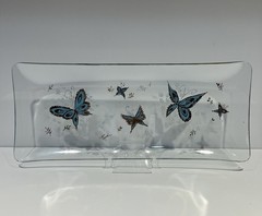 VTG Psyche MCM Turquoise Gold Butterfly Glass Serving Tray Rectangular 13.5″