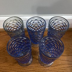 5 Vtg Indiana Glass Whitehall Colony Light Blue Cube 6″ Footed Iced Tea Tumblers