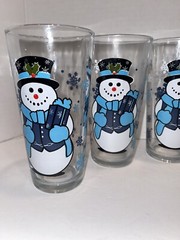 6 Vintage KIG Indonesia Snowman 6” 14 Oz Glasses Tumblers mint!