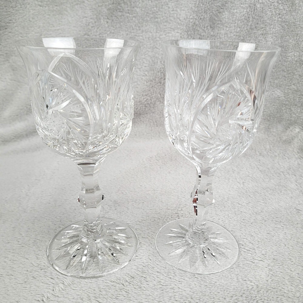 American Cut Eleanor Water Goblets Set Of 2 Crystal Stemware Pinwheel Fan VTG