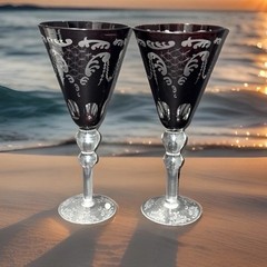 MINT Set Of 2 Crystal Ruby Red Cut To Clear Wine Glasses VTG Etched Window
