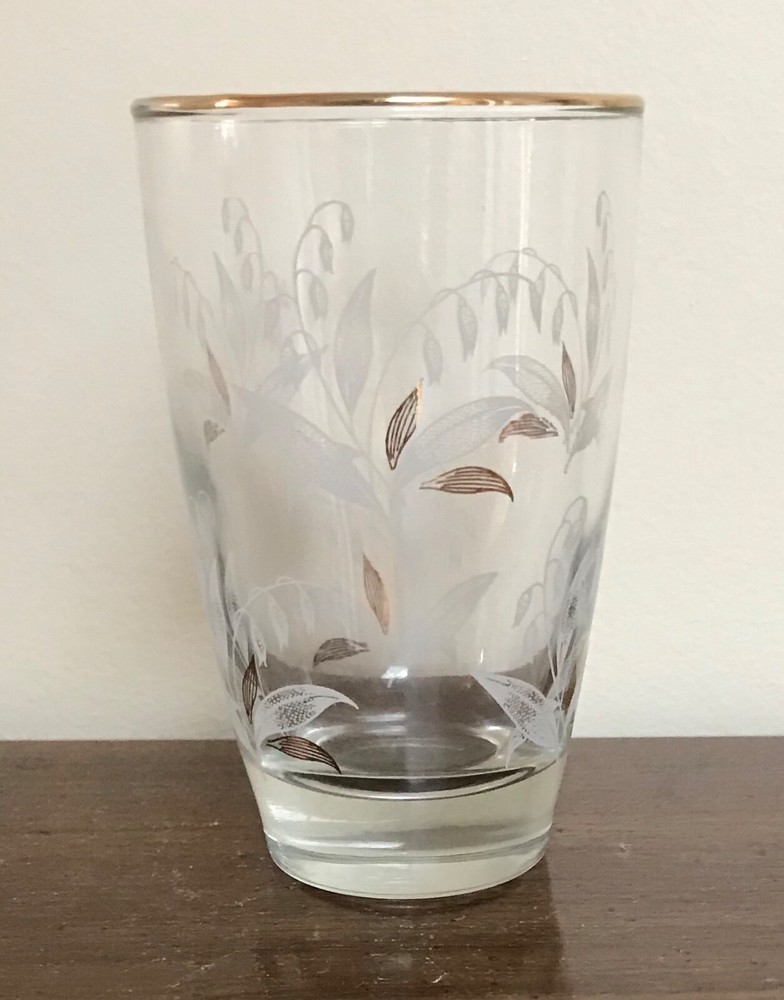 Clear Glass Lily of the Valley Etched Raised White & Gold Flower Gold Rim 10 oz.