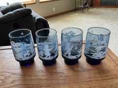 Libbey Mary Gregory Glass Set (4) Blue Glass White Embossed Children/Dog/Trees