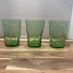 THREE Mid Century MORGANTOWN Green CRINKLE Tumblers 10 oz Glasses 4 1/8″ Tall