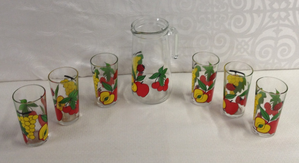 Italian Vintage Covetro Lemonade Pitcher & Six Tumblers – Colorful – NICE!