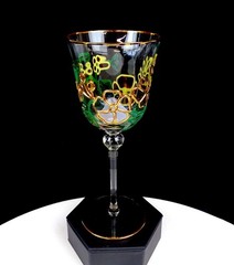 Elegant Glass Clear Crystal Heavy Enamelled Floral Vintage 7.1″ Wine Glass 1980s