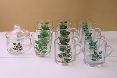 VTG Indiana HOLLY 12 pc Old Fashioned Rock Glasses Handle Mugs Lidded Candy Dish