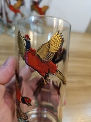 Vintage MCM Red Gold Ringneck Pheasant Tall Barware Glasses Set of 3