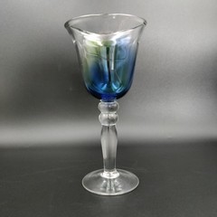 Pier One Goblet Wine Glass Blue/Green/Clear Thick Blown Glass Lot of 3