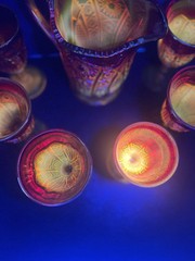 VTG Indiana Heirloom Cadmium Glass Amberina Iridescent Pitcher&6 Goblets Set EUC