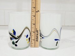 Set of 4 Hand Blown Style Art Glass Tumblers White Abstract Modern Drinkware