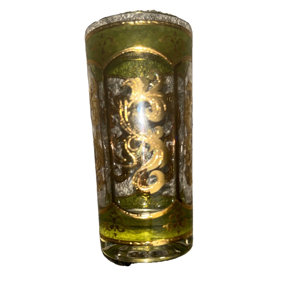 Culver Toledo Green/22k Gold Highball Glasses -RARE SET OF 4! SIGNED CIRCA 1950