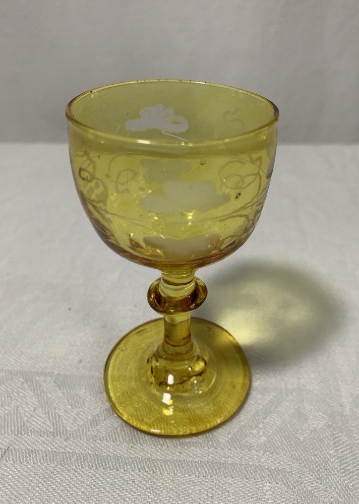 Antique c1800s Stemmed Amber Glass Grape Vine Etched Hand Blown Rare