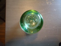 Vtg Martini Glass Hand Blown Clear Green Bubble Ball Base 4″