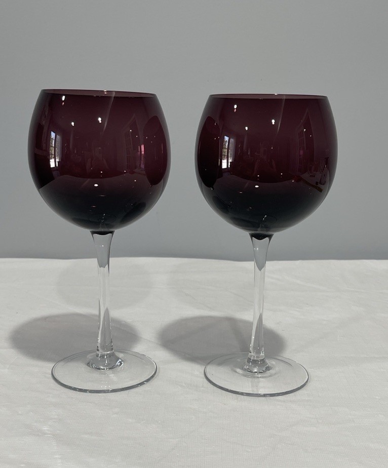 14oz Amethyst Purple Glass Crystal Goblets Clear Stem Pair Wine Water Glasses