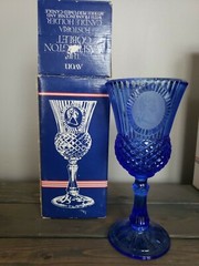 3 Piece Vintage Avon Fostoria Blue Glass Washington Goblets & Pitcher Set & Box