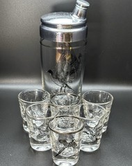 Hazel Atlas Pheasants Cocktail Shaker 6 Shot Glasses Game Birds Hunting MCM Set